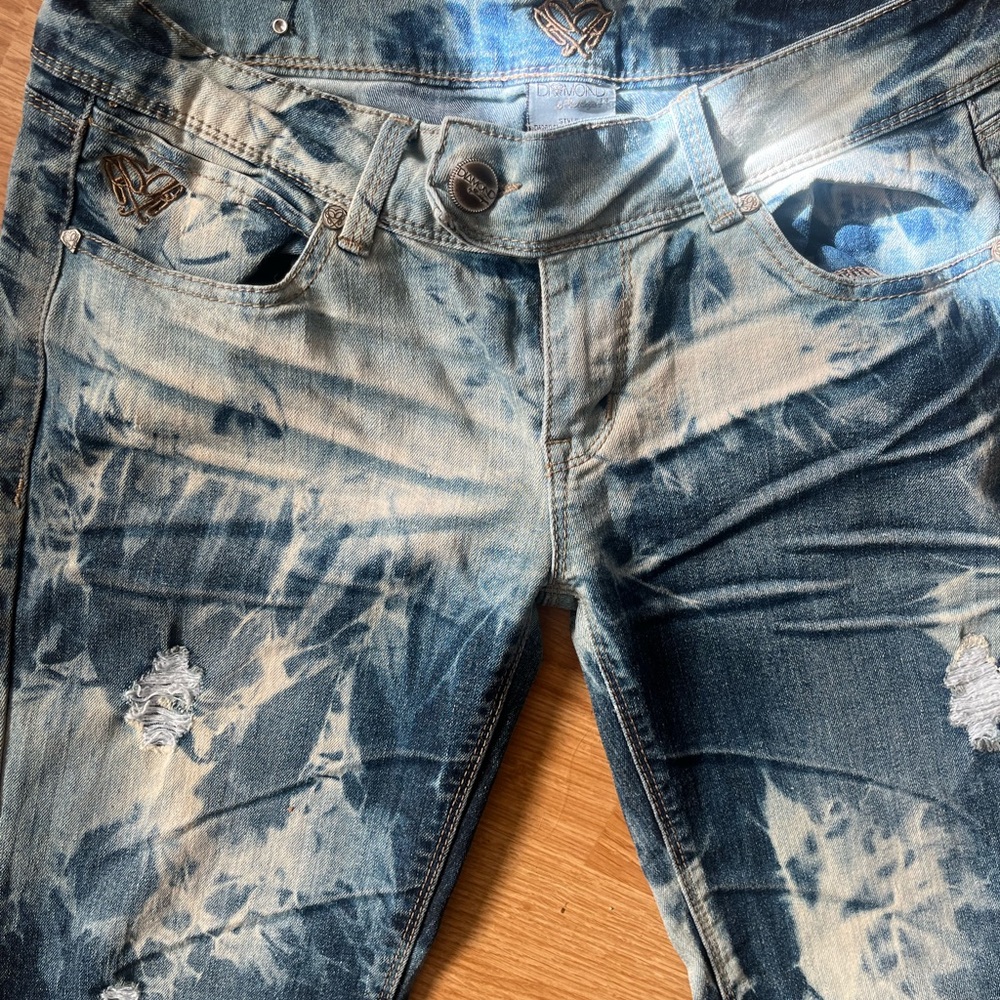 Tie dyed bleached low rise jeans,sz9, 36 in inseam